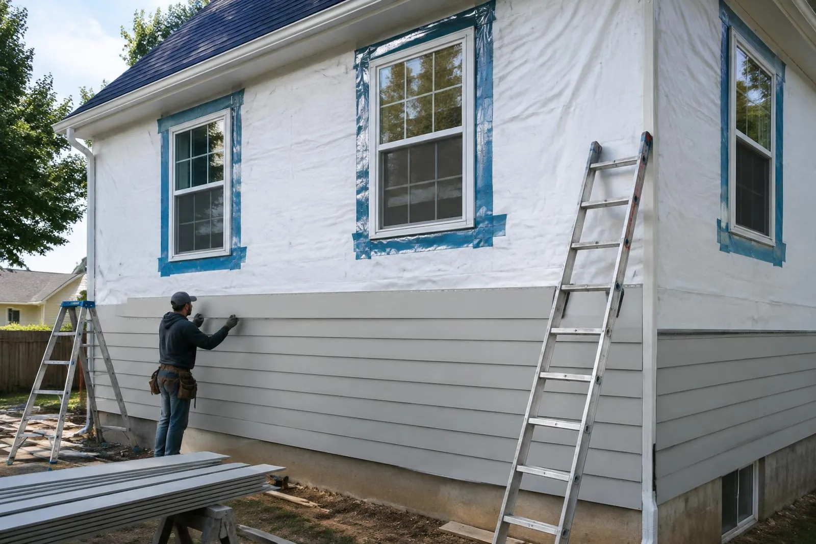 House wrap and window flashing installed before new siding