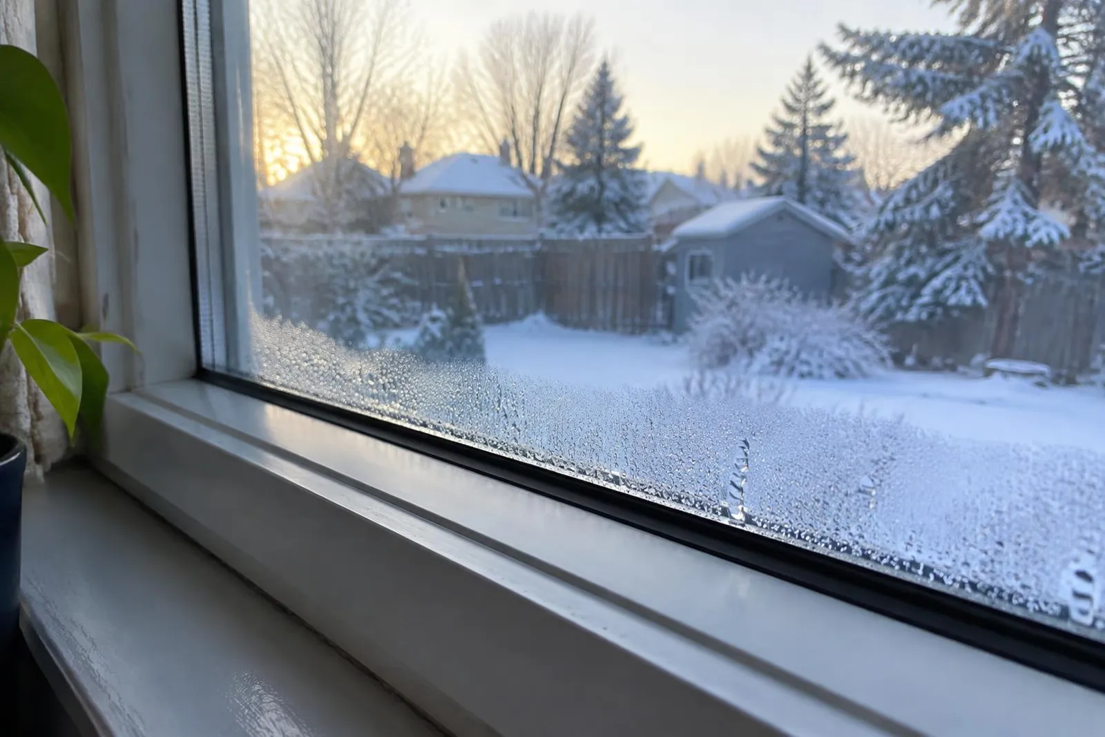 Condensation on the inside of a window on a snowy winter morning